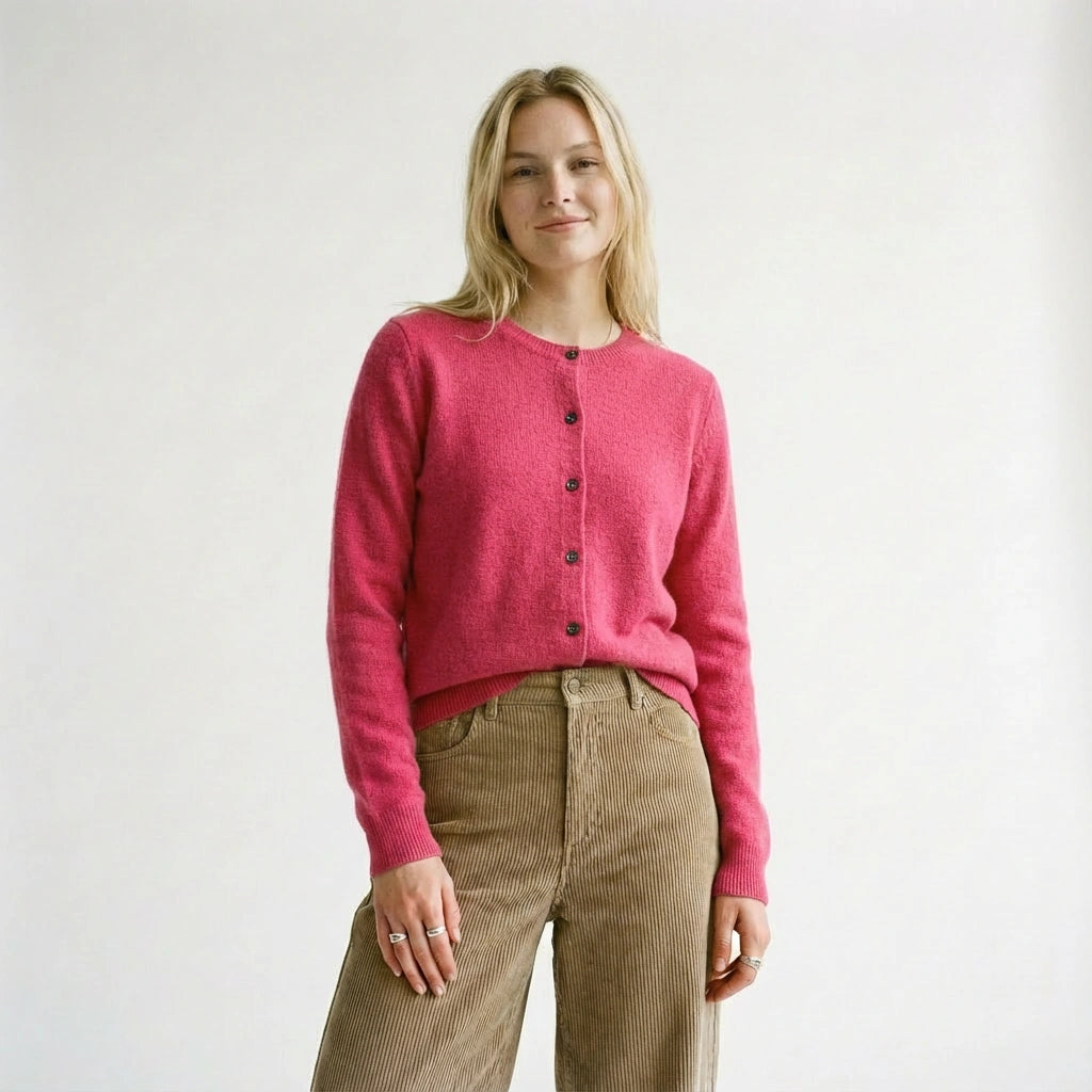 Blonde woman smiling wearing a raspberry red merino wool cardigan and beige pants on a white background