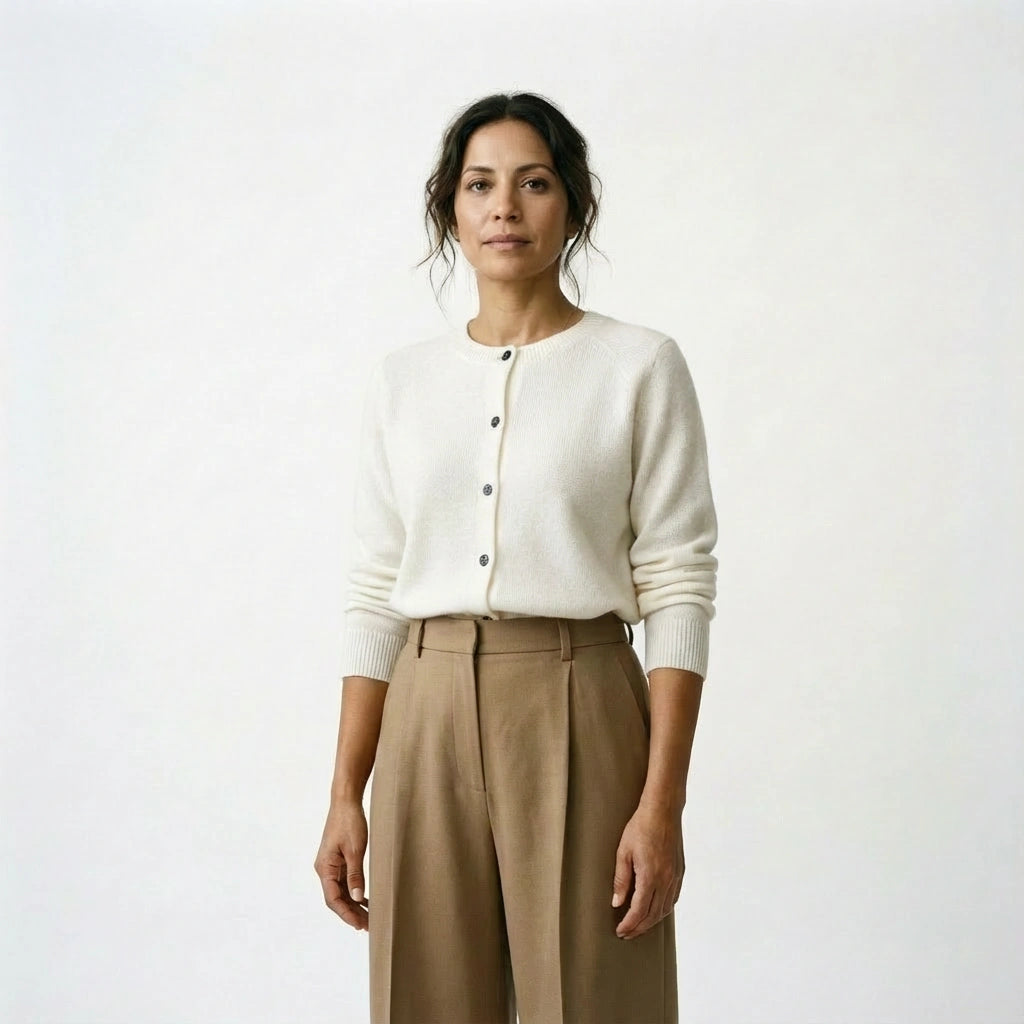 Woman standing up wearing a white cardigan and beige pants on a white background