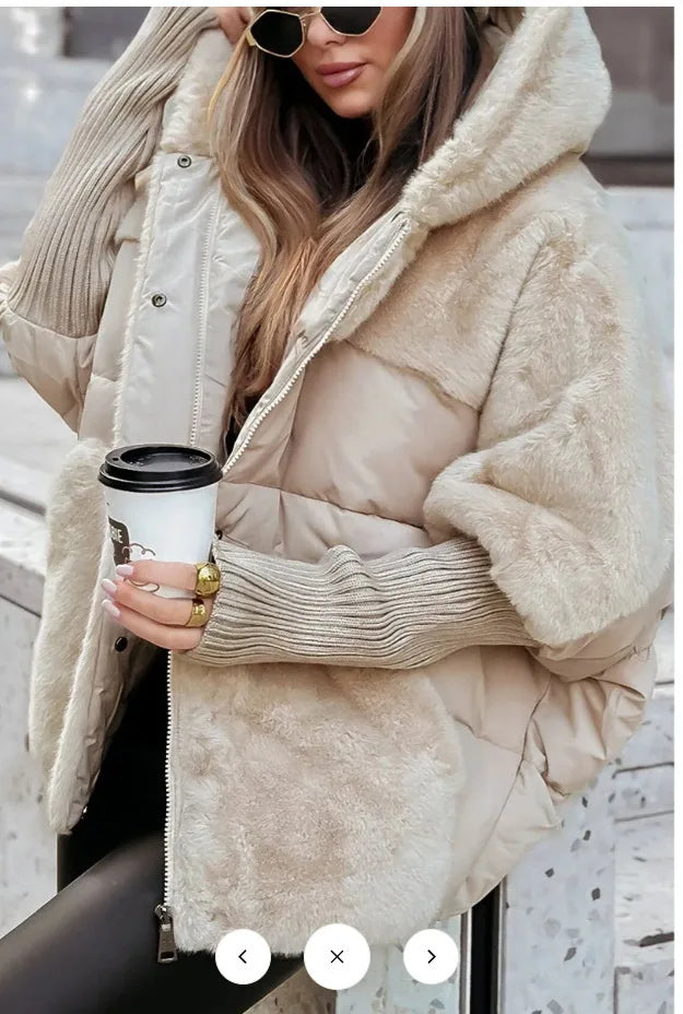 Aurelia women's quilted hooded winter coat in beige, front view highlighting soft faux-fur texture and winter-ready design