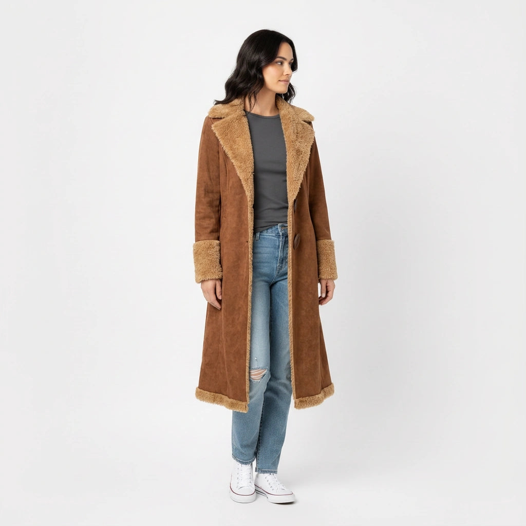 Woman wearing a brown coat and blue jeans with faux shearling trim on a white background