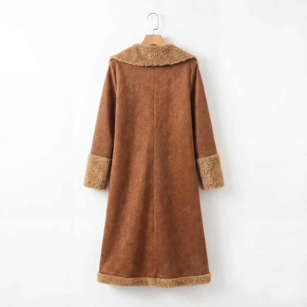 Back of a brown coat with faux shearling trim on a wood hanger against a white background