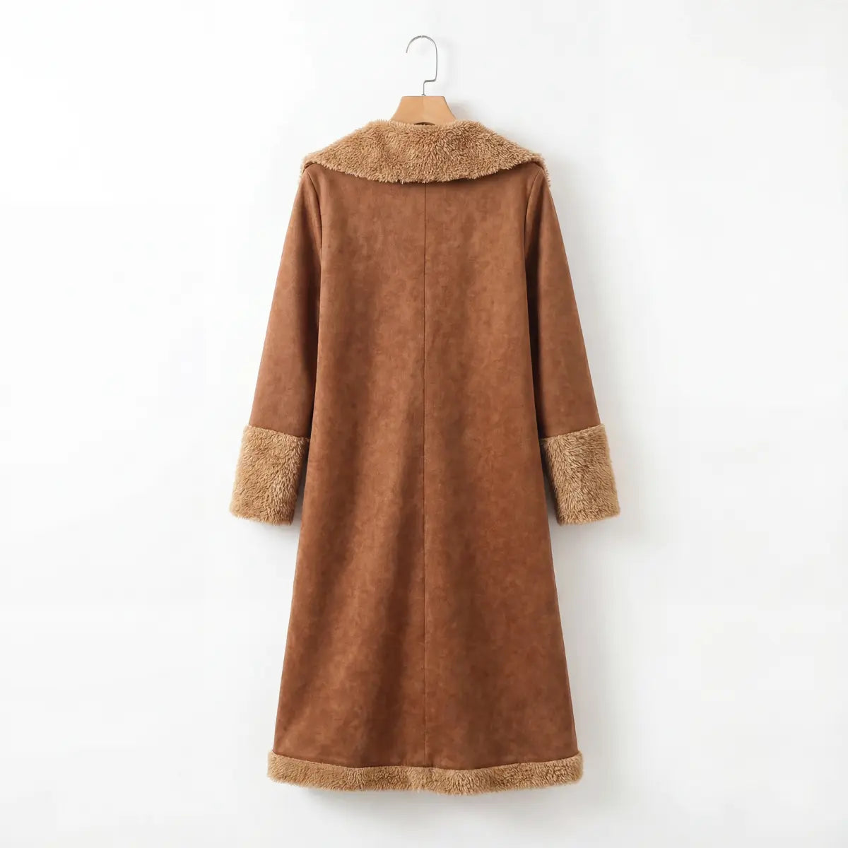 Back of a brown coat with faux shearling trim on a wood hanger against a white background