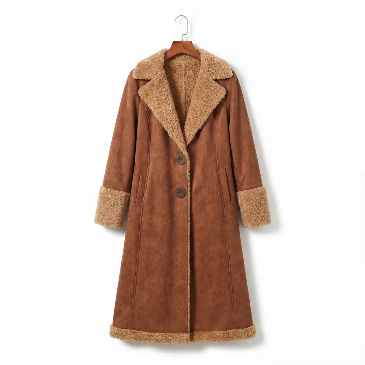 Brown faux suede coat with faux shearling trim on a hanger against a white background