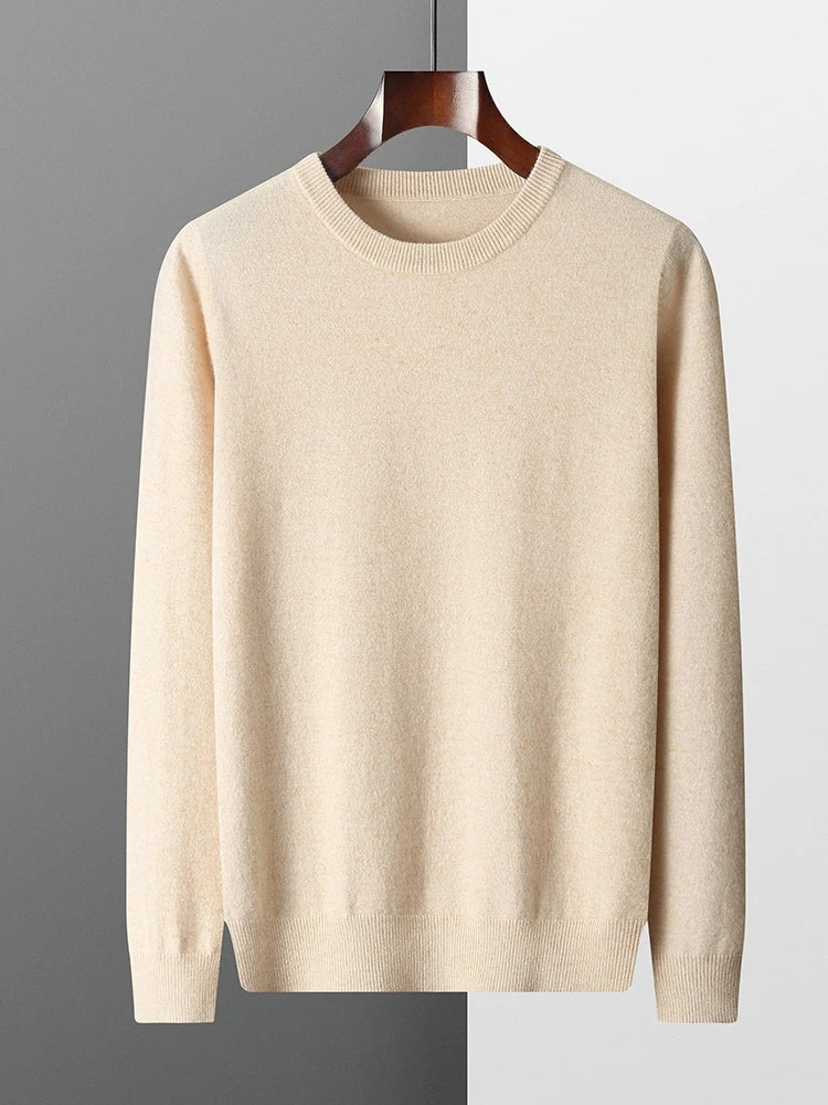 Brexton beige men's merino wool sweater on a hanger against a gray background
