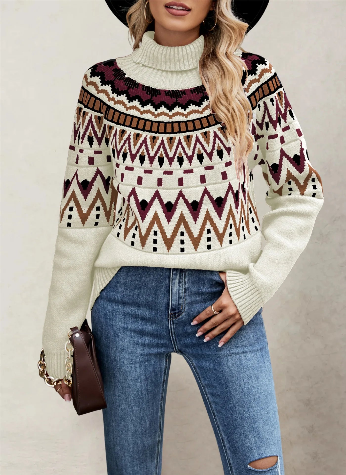 Elodie turtleneck sweater for women in beige, front view with textured geometric knit pattern