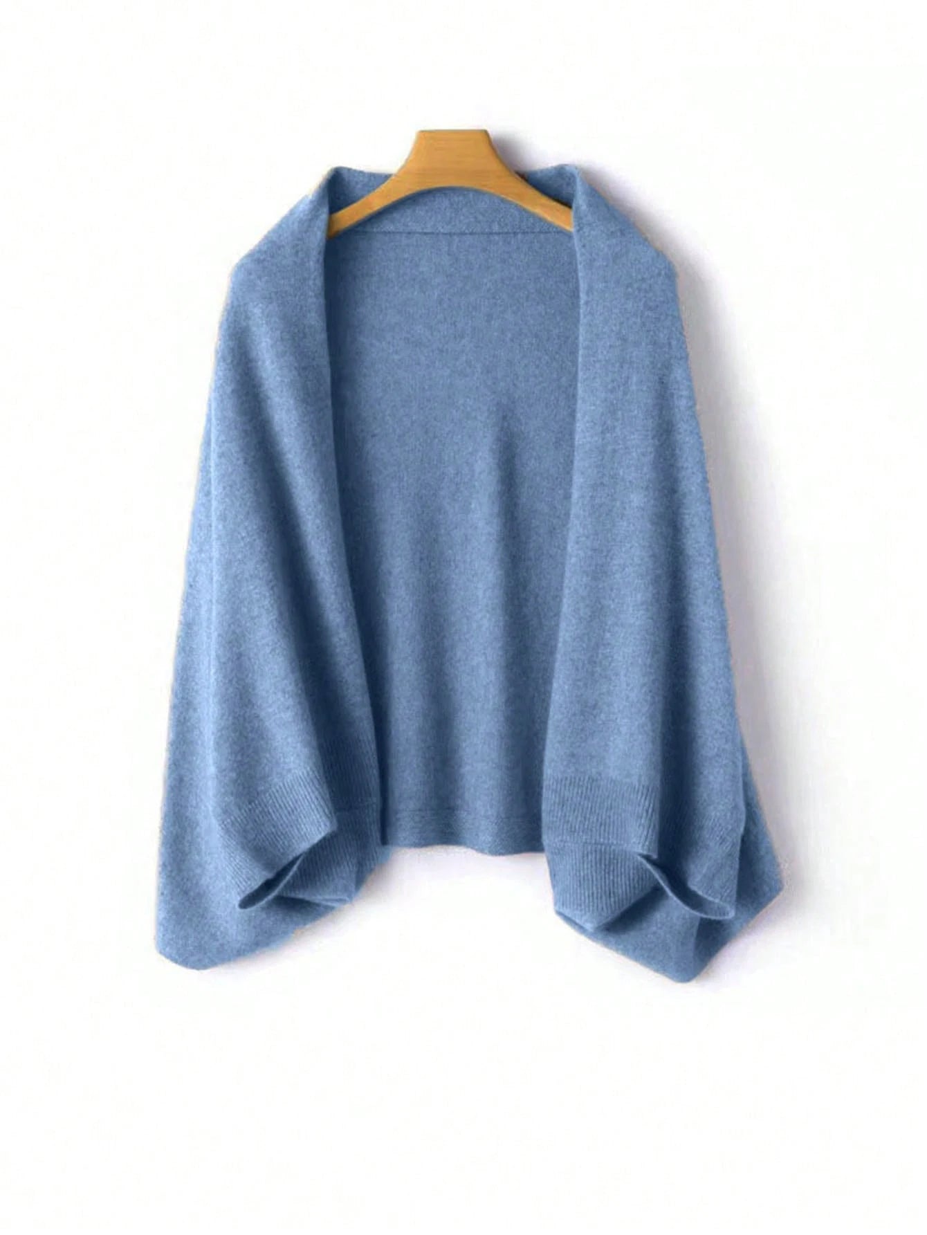 Blue wool wrap shawl on a wooden hanger against a white background