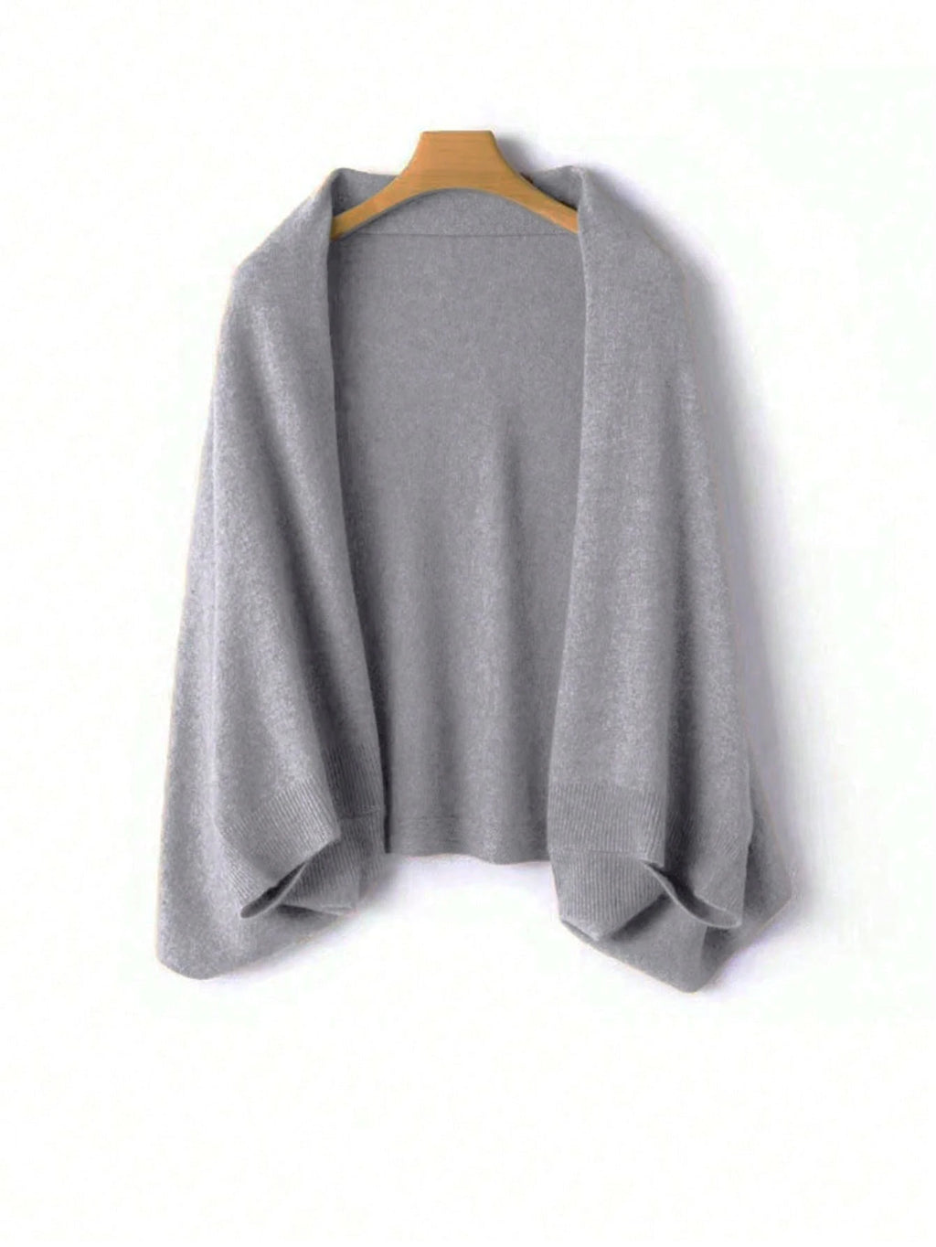 Gray wool wrap shawl on a wooden hanger against a white background