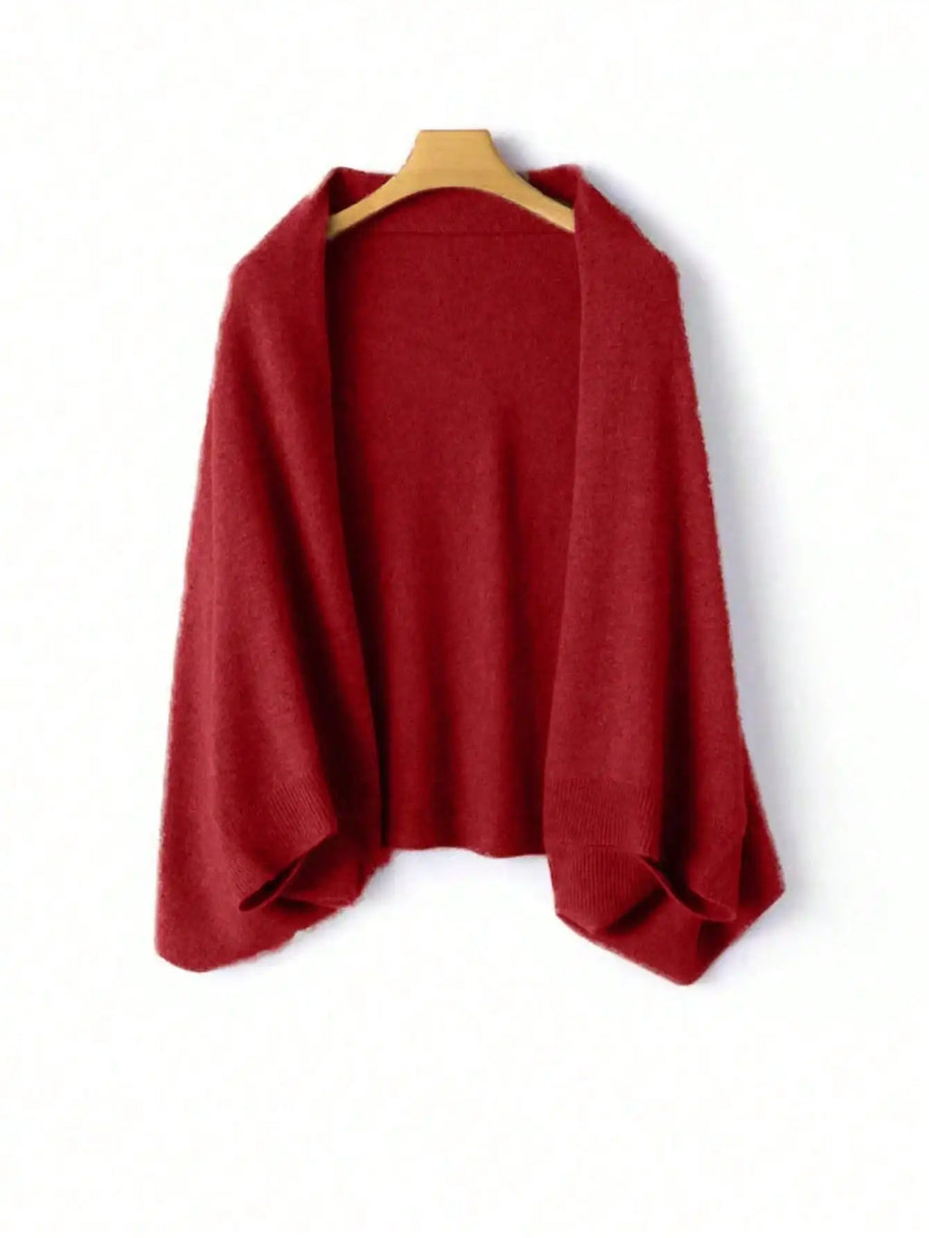 Wine red wool wrap shawl on a wooden hanger against a white background