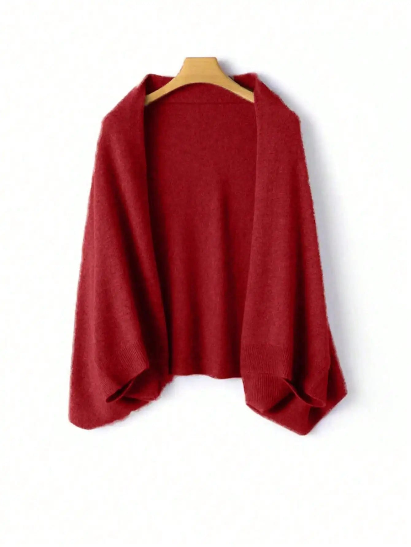 Wine red wool wrap shawl on a wooden hanger against a white background