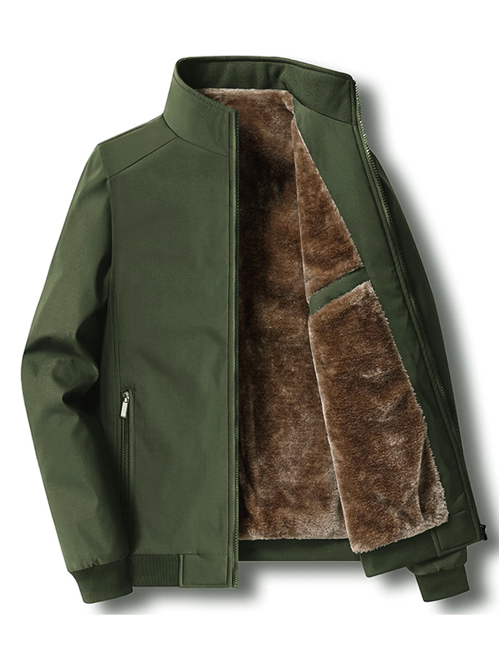 Army green mens jacket with fleece lining on a white background
