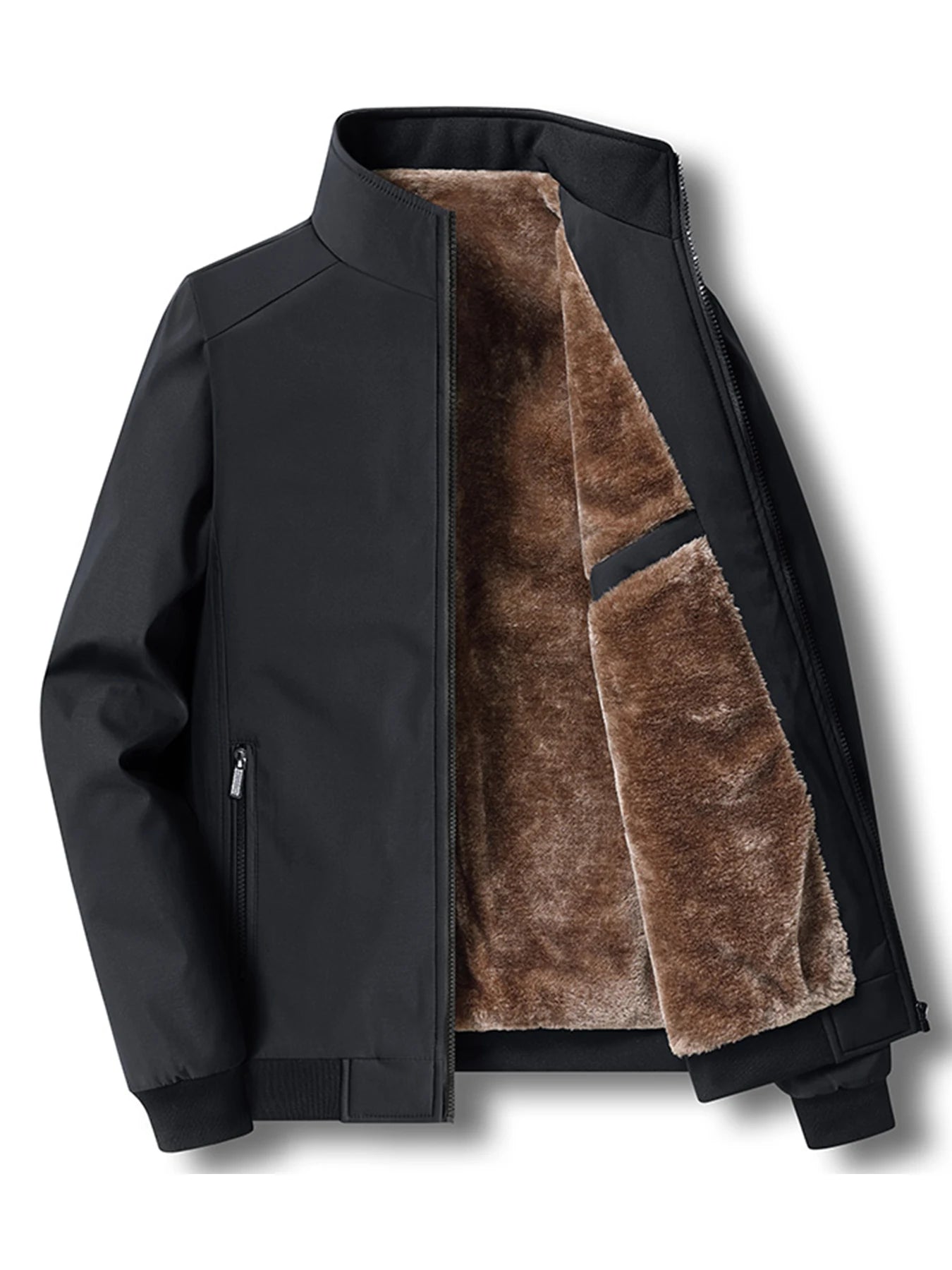 Black mens harrington jacket with fleece lining on a white background