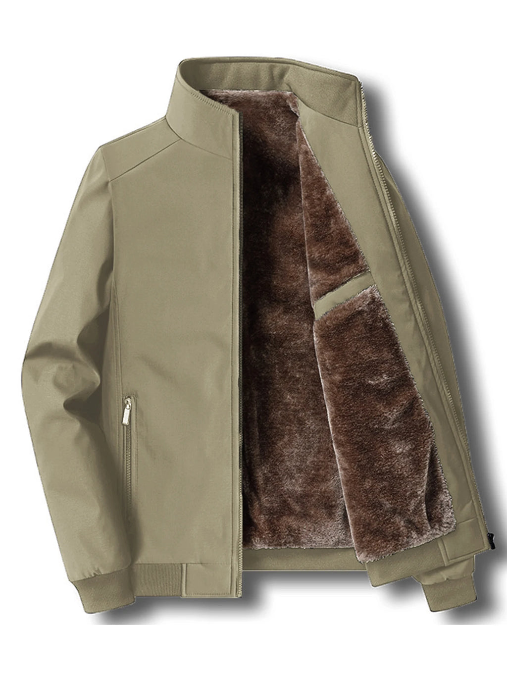 Khaki mens jacket with brown fleece lining on a white background