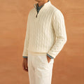 Hugh jacquard mock neck half-zip sweater for men in beige, front view showing textured knit and classic silhouette