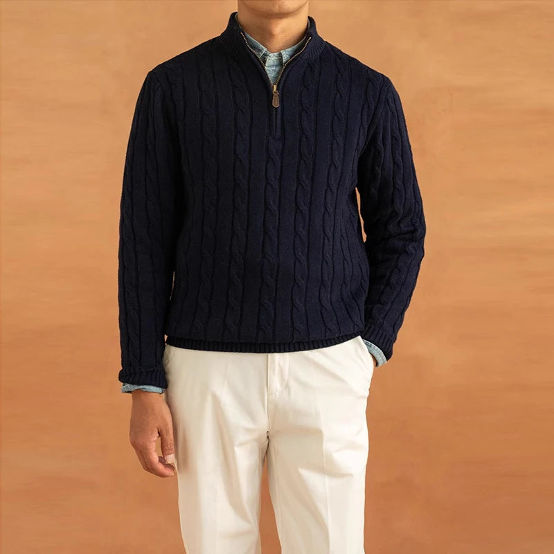 Hugh jacquard mock neck half-zip sweater for men in navy blue, front view highlighting the premium jacquard texture