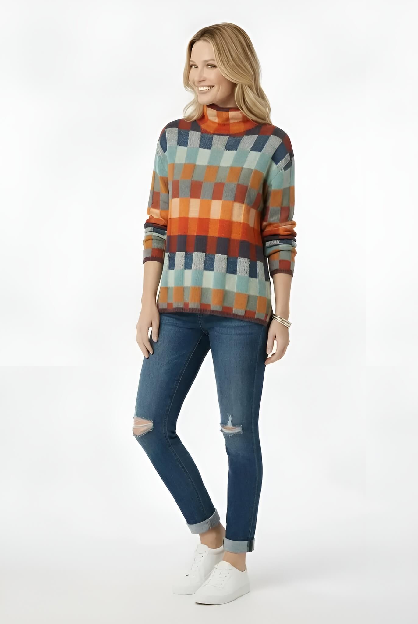 Blonde woman wearing a turtleneck sweater on a white background