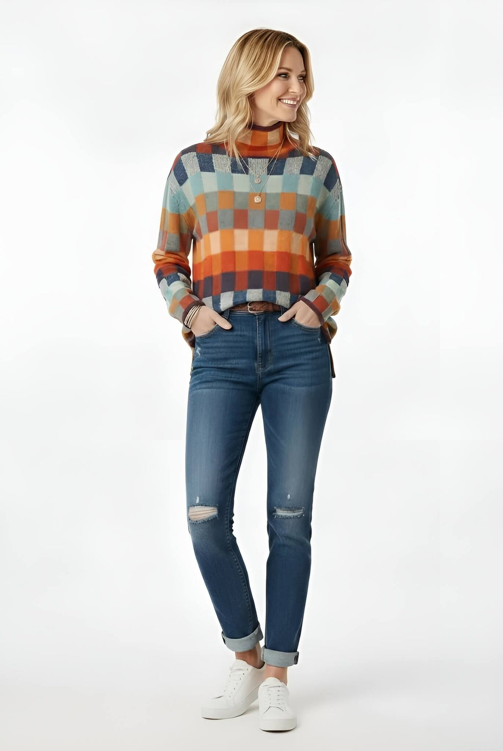 Woman wearing a colorful turtleneck sweater and blue jeans