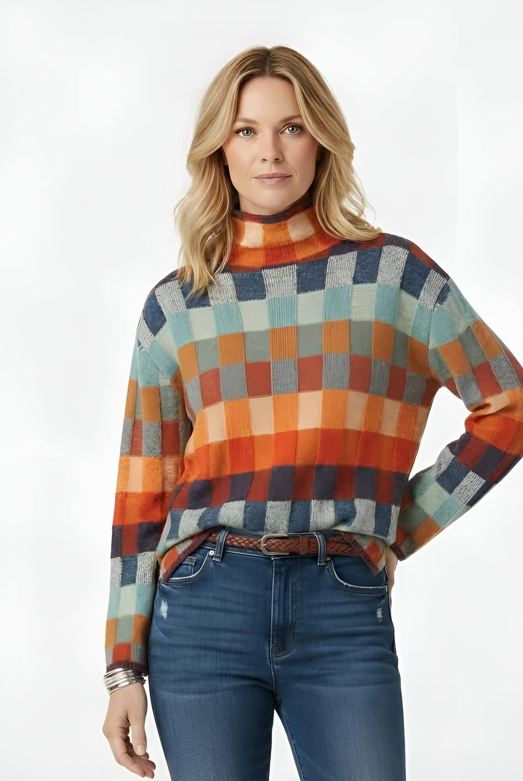 Woman wearing the marenne turtleneck sweater and blue jeans on a white background