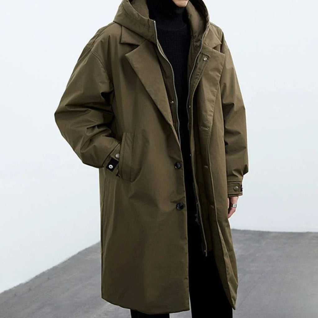 Ravel hooded winter jacket for men in army green, side view with model wearing the long winter coat