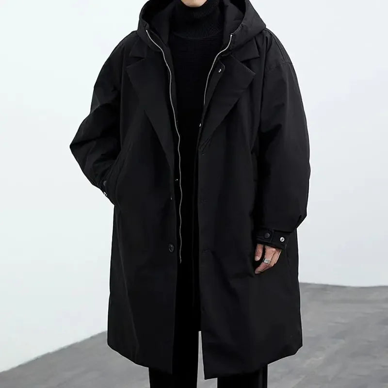 Ravel hooded winter jacket for men in black, front view highlighting hood and minimalist winter style