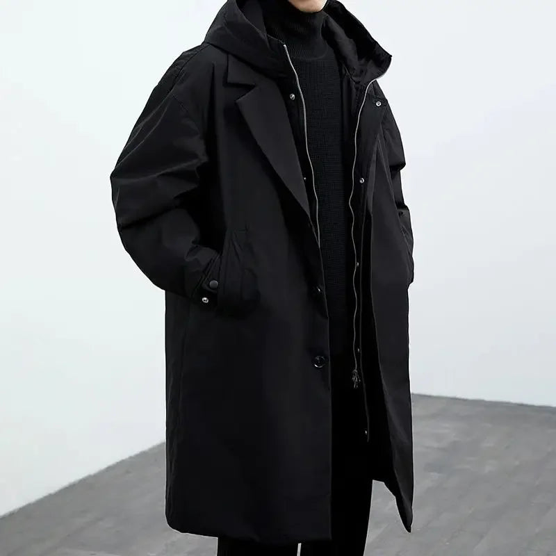 Ravel hooded winter jacket for men in black, side view with model wearing the sleek winter jacket