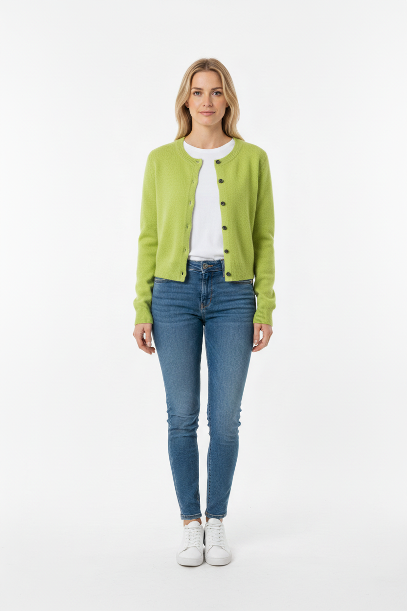 Woman wearing a merino wool green cardigan, white shirt, blue jeans