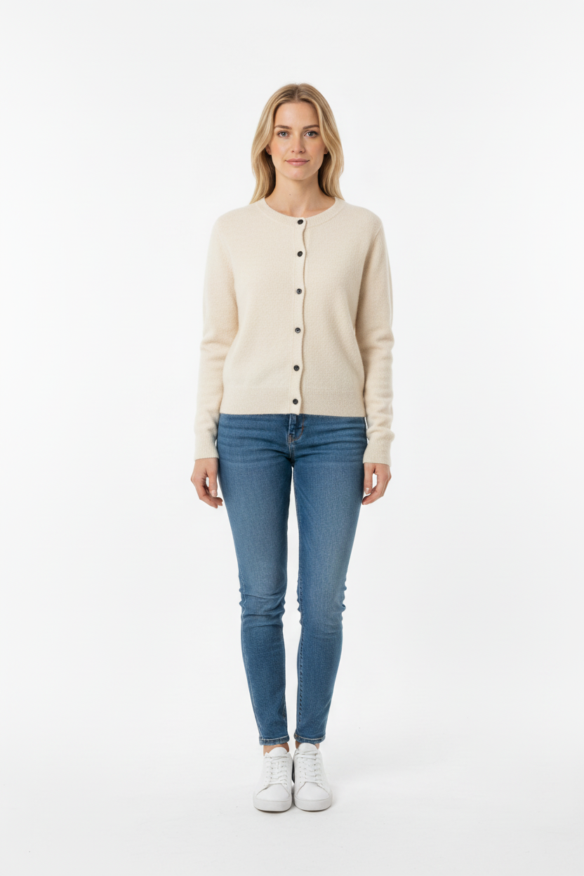 Blonde woman wearing a beige cardigan and blue jeans