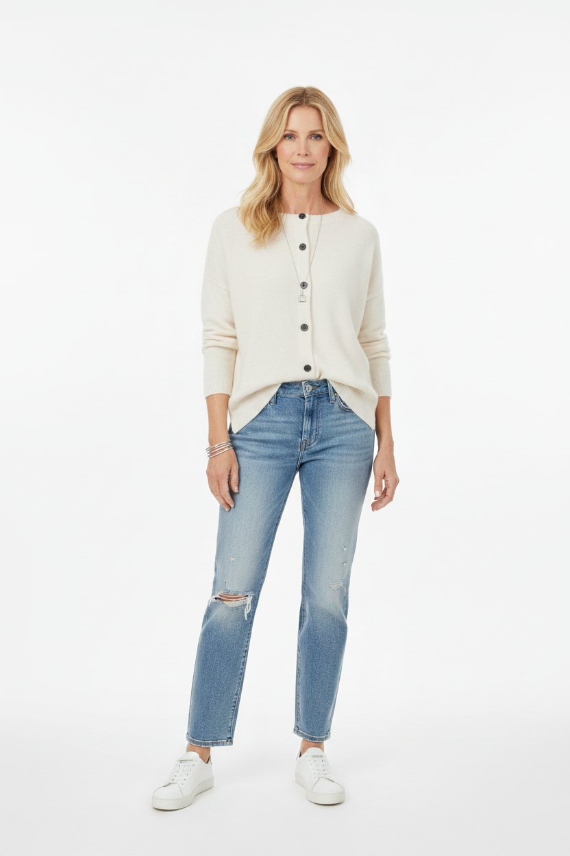 Standing up woman wearing a white cardigan, blue jeans, and white sneakers